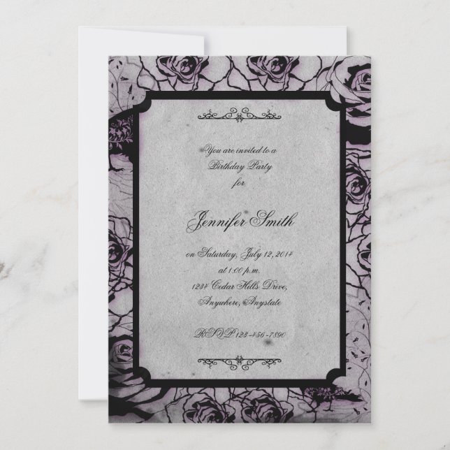 Black and Purple Gothic Rose Birthday Invitation (Front)