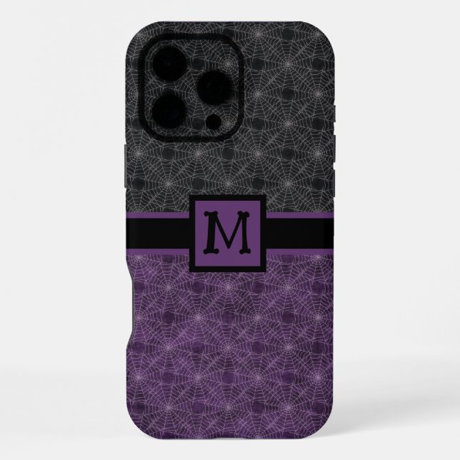 Black and Purple Gothic Spiderweb with Monogram iPhone Case (Back)