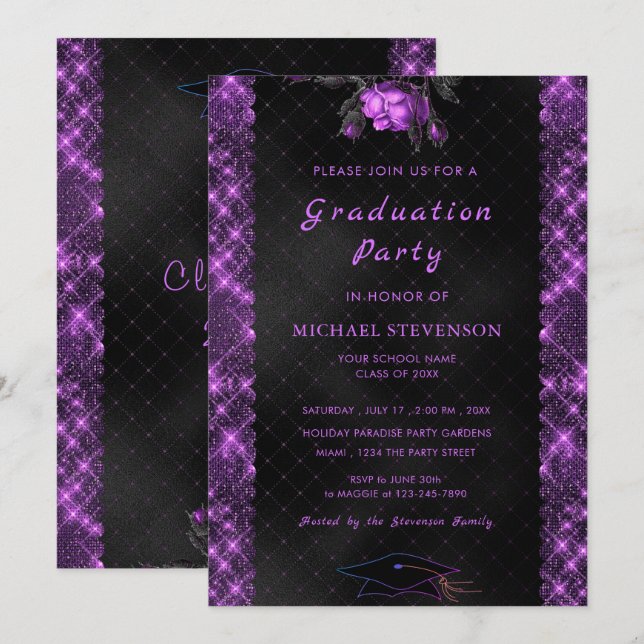 Black and Purple Graduation Invitation Template (Front/Back)