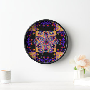 Black and Purple Graphic Floral Art, Violet Nature Clock