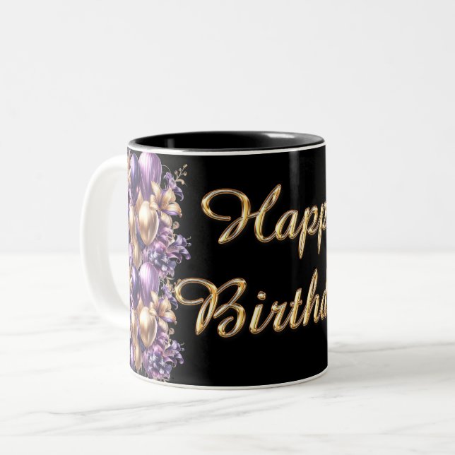 Black and Purple Happy Birthday Two-Tone Coffee Mug (Front Left)