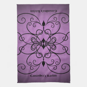 Black and purple hearts and swirls personalised tea towel