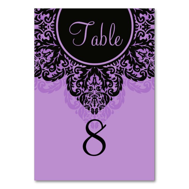 Black and purple lacy damask Table Number Card (Front)