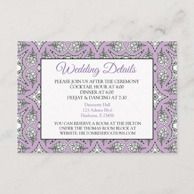 Black and Purple Mandala Wedding Details Card (Front)