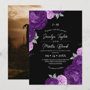 Black and Purple Modern Whimsical Flora Wedding Invitation