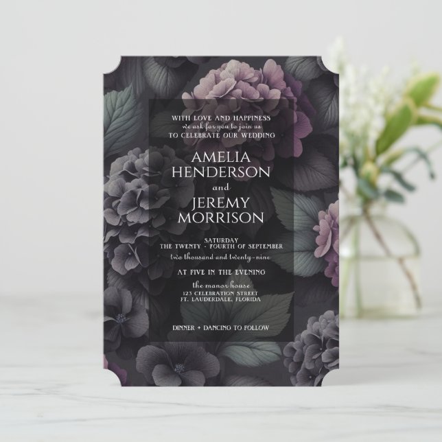 Black and Purple Moody Floral Invitation (Standing Front)