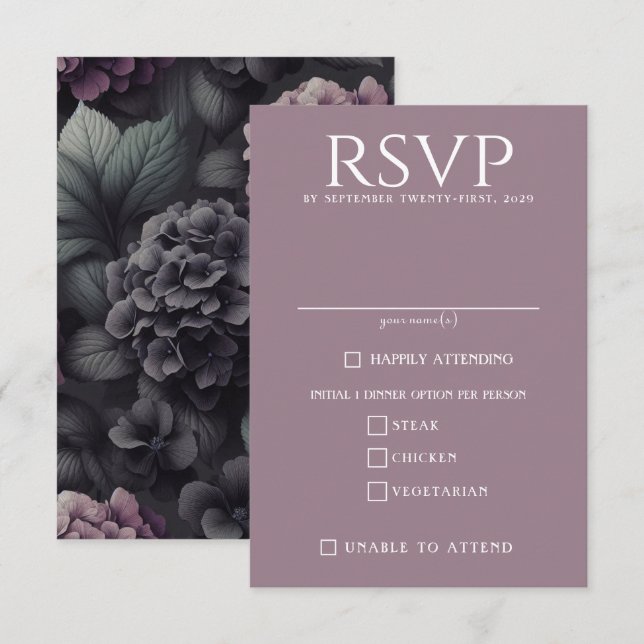Black and Purple Moody Floral RSVP Card (Front/Back)