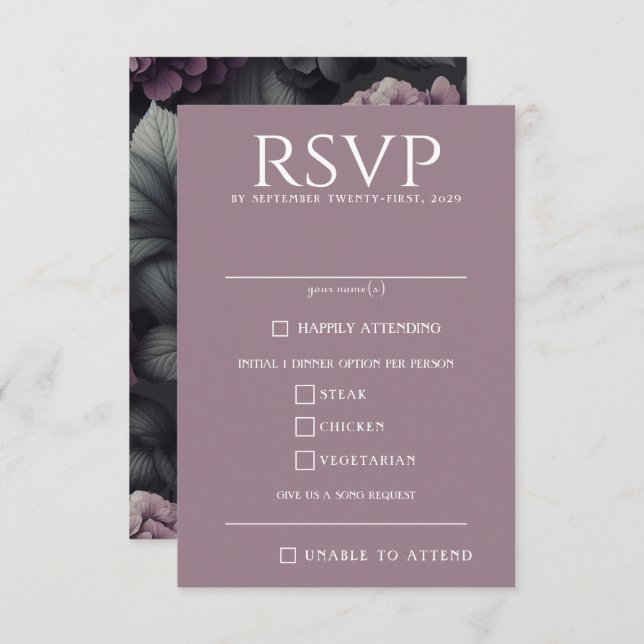 Black and Purple Moody Floral RSVP Card (Front/Back)