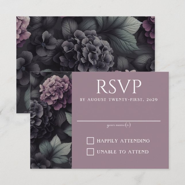 Black and Purple Moody Floral RSVP Card (Front/Back)