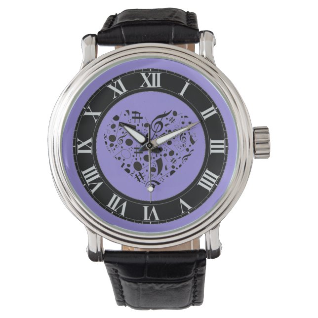 Black and Purple Music Notes Heart Wrist Watch (Front)