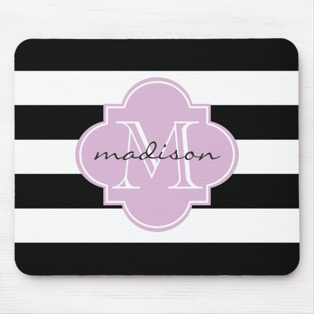 Black and Purple Nautical Stripes Custom Monogram Mouse Mat (Front)