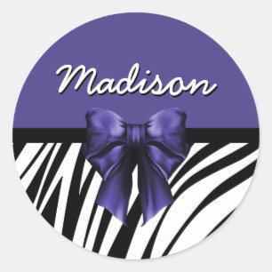 Black and Purple Ribbon Bow Zebra Print Classic Round Sticker