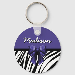 Black and Purple Ribbon Bow Zebra Print Key Ring