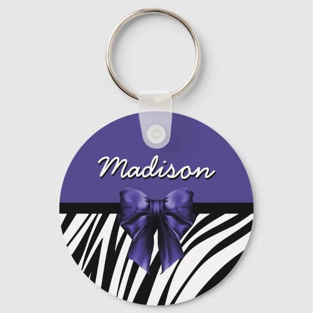 Black and Purple Ribbon Bow Zebra Print Key Ring (Front)