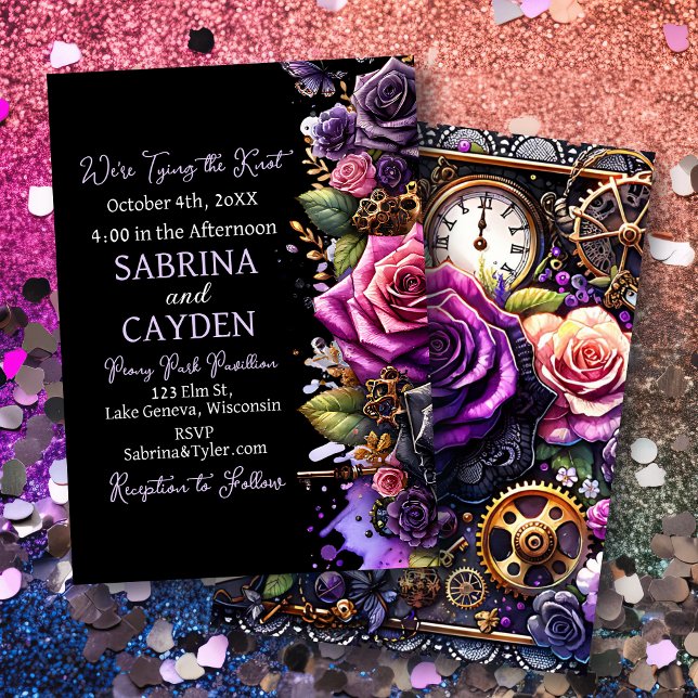Black and Purple Roses Steampunk Gothic Wedding Invitation (Creator Uploaded)
