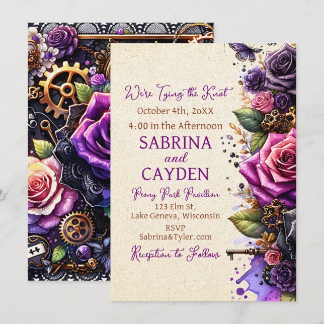 Black and Purple Roses Steampunk Gothic Wedding Invitation (Front/Back)