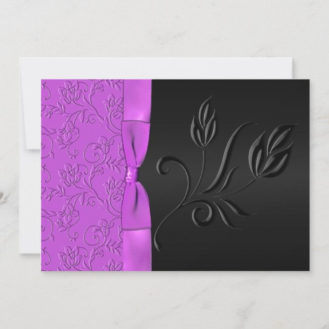 Black and Purple Satin Ribbon Wedding Invitation (Front)