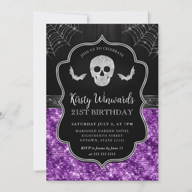 Black and Purple Skull and Cobwebs 21st Birthday Invitation (Front)