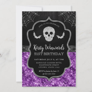 Black and Purple Skull and Cobwebs 21st Birthday Invitation