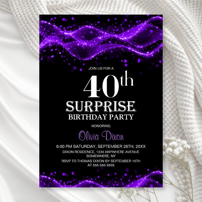 Black and Purple Surprise 40th Birthday Party Invitation (Creator Uploaded)