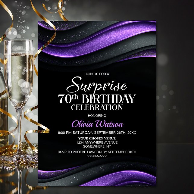 Black and Purple Surprise 70th Birthday Party Invitation (Creator Uploaded)