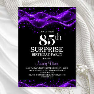 Black and Purple Surprise 85th Birthday Party Invitation