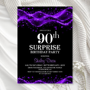 Black and Purple Surprise 90th Birthday Party Invitation