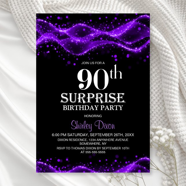 Black and Purple Surprise 90th Birthday Party Invitation (Creator Uploaded)