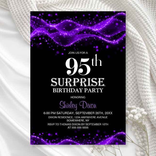 Black and Purple Surprise 95th Birthday Party Invitation (Creator Uploaded)