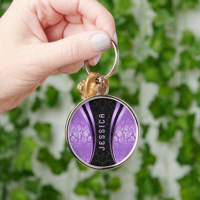 Black And Purple Tones Floral Damasks Key Ring (Hand)