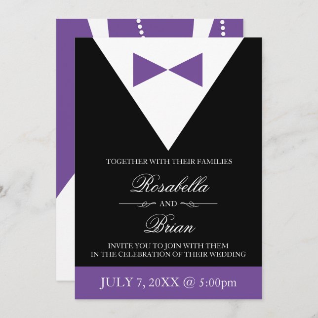 Black and Purple Tuxedo Wedding Invitations (Front/Back)