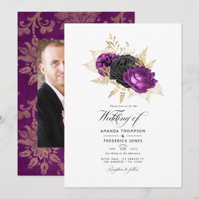 Black and Purple Vintage Floral Wedding Invitation (Front/Back)