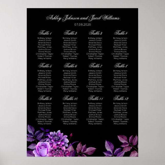 Black and purple wedding seating chart print (Front)