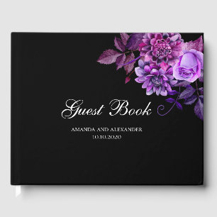 Black and purple wedding. Watercolor floral Guest Book