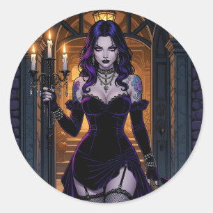 Black and Purple Witch with Candelabra Halloween Classic Round Sticker