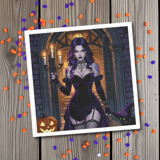 Black and Purple Witch with Candelabra Halloween Napkin (Creator Uploaded)