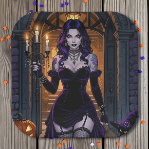 Black and Purple Witch with Candelabra Halloween Paper Plate