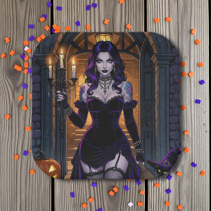 Black and Purple Witch with Candelabra Halloween Paper Plate