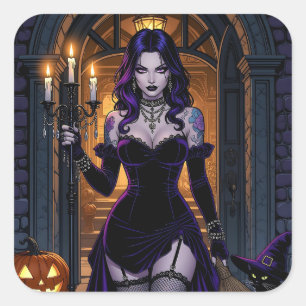 Black and Purple Witch with Candelabra Halloween Square Sticker