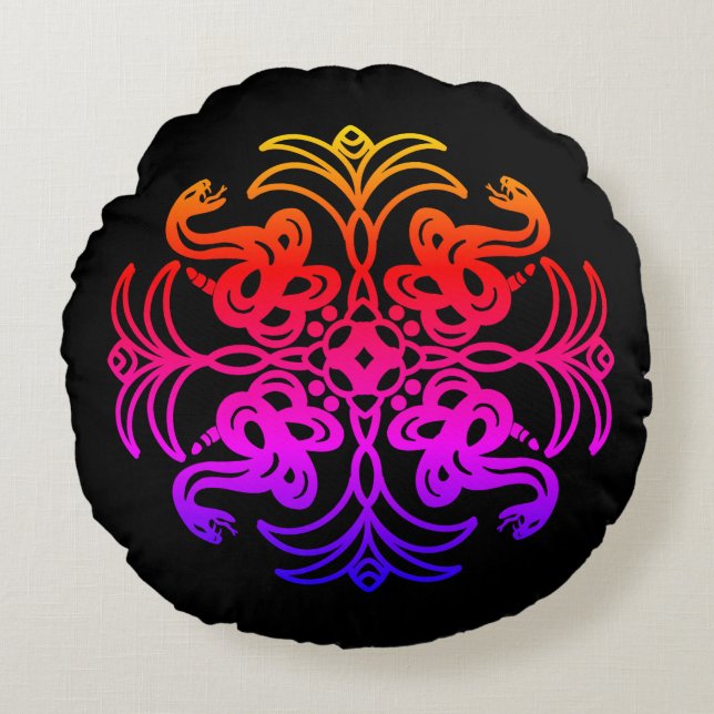 Black and Rainbow Tribal Snake Mandala   Round Cushion (Front)
