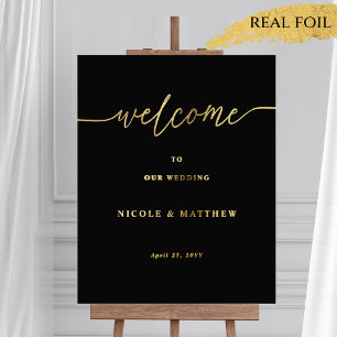 Black and Real Foil Wedding Welcome Vertical Sign