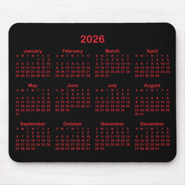 Black and Red 2026 Calendar Mouse Mat (Front)