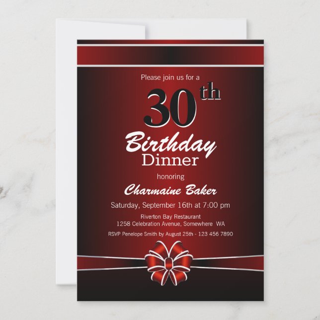 Black and Red 30th Birthday Dinner Party Invitation (Front)