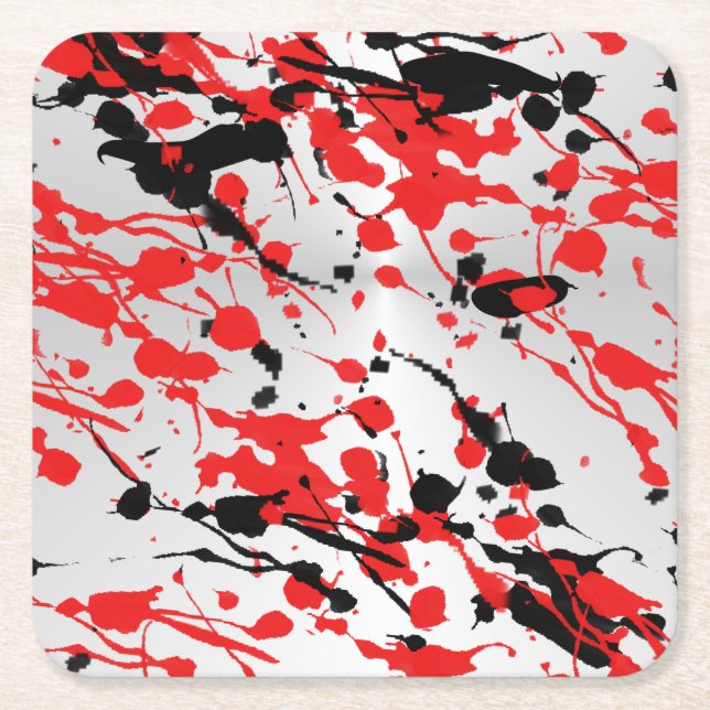 Black and Red Abstract Splash and Drip Square Paper Coaster (Front)
