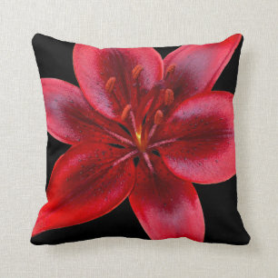 Black and  Red Asiatic Lily Flower Square Pillow