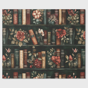 Black and Red Books with Flowers on Bookshelf Wrapping Paper