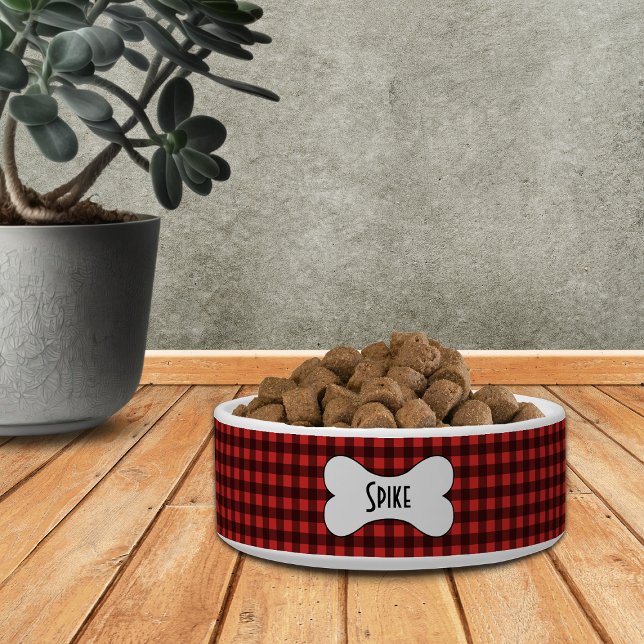 Black and Red Buffalo Check with Name in Dog Bone Bowl (Creator Uploaded)