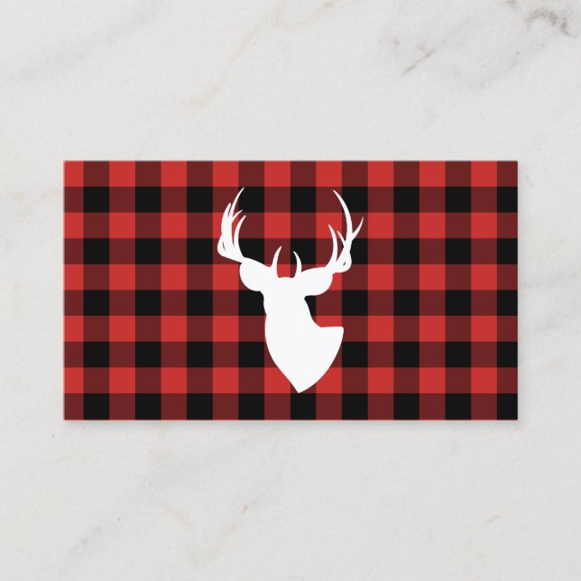 Black and Red Buffalo Plaid Buck Silhouette Business Card (Front)