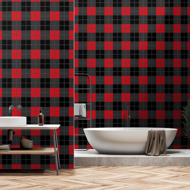 Black and Red Buffalo Plaid Check Wallpaper (Bathroom)
