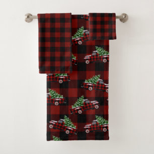 Black and Red Buffalo Plaid   Christmas Tree Truck Bath Towel Set